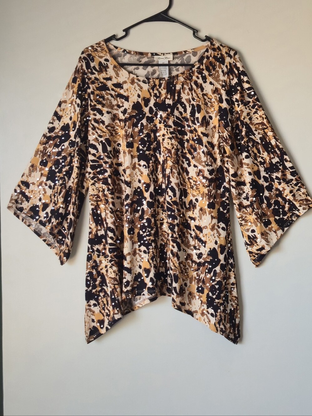 Brittany Black Leopard Print Sequin Embellished Bell Sleeve Tunic Top Sz S